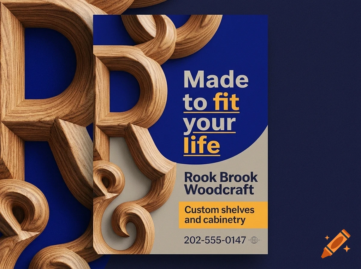 A flyer design featuring carved wooden typography, blue and grey backgrounds, and text for Rook Brook Woodcraft.