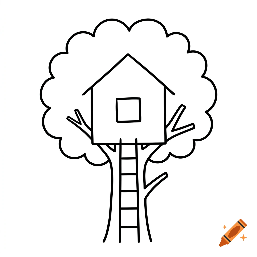 Simple black and white line drawing of a treehouse with a ladder in a tree.