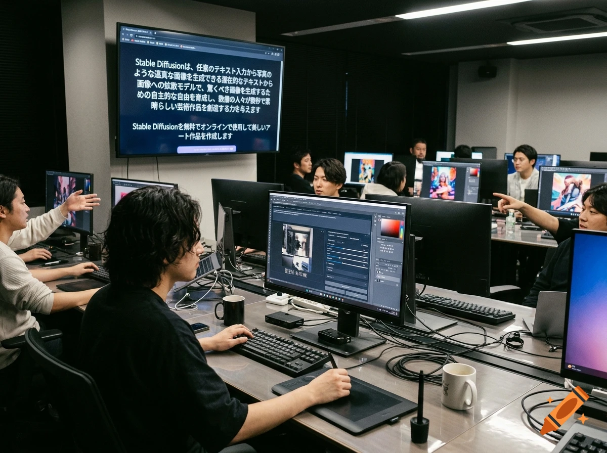 A modern office space where several people are working on computers, with a large screen displaying Japanese text in the background.