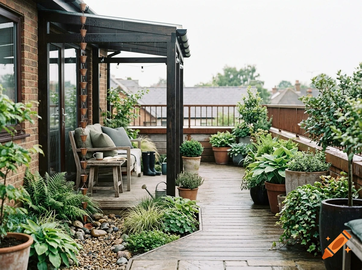 A wooden balcony rooftop terrace filled with numerous potted plants, a small wooden sofa, and a covered pergola.