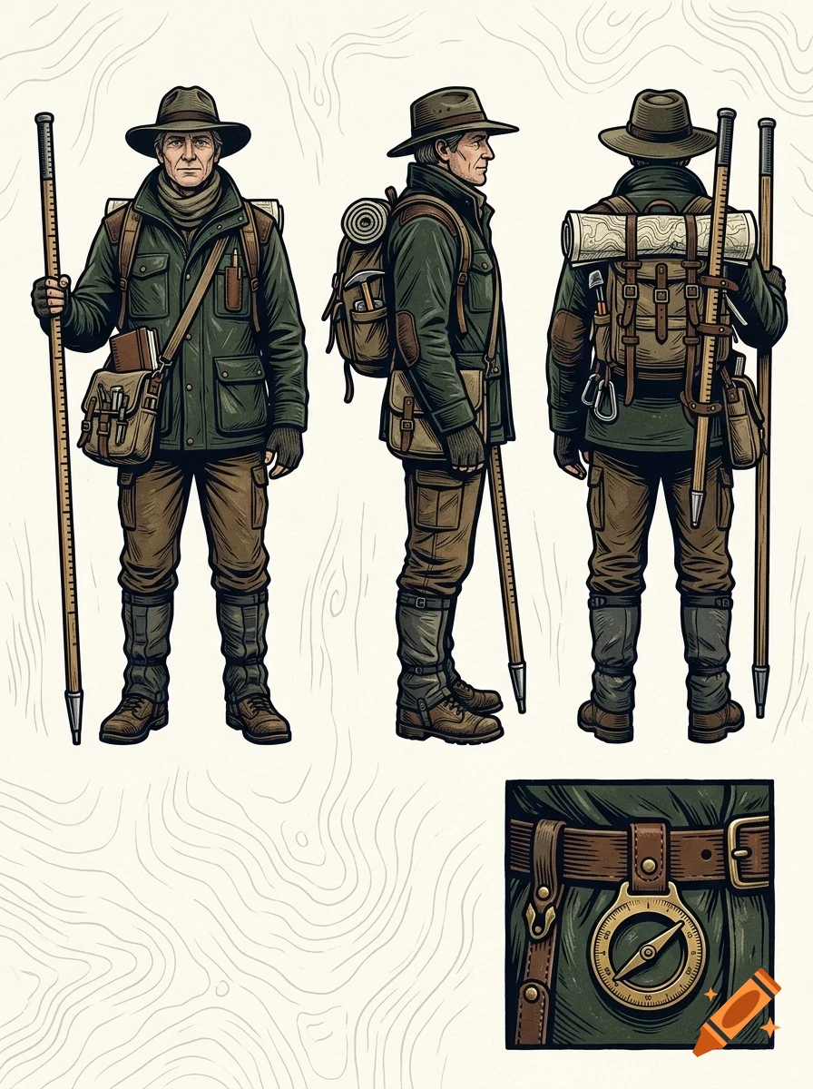 Character design sheet showing a male explorer from front, side, and back views, holding a staff and wearing a jacket, hat, and backpack.