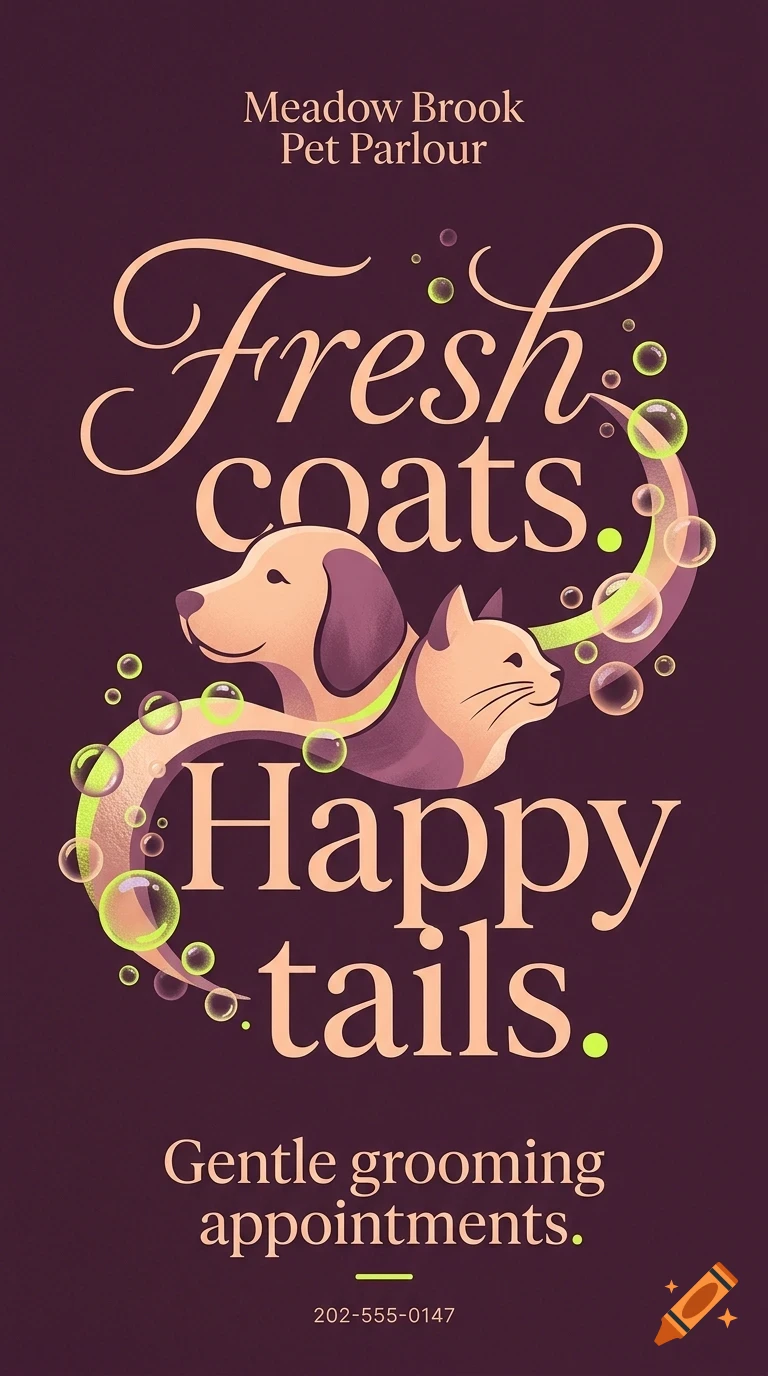 An advertisement featuring the text 'Meadow Brook Pet Parlour', illustrations of a dog and a cat surrounded by bubbles, and the tagline 'Fresh coats. Happy tails.'