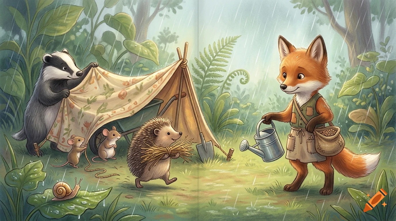 An illustrated woodland scene depicting a fox holding a watering can and a pouch, while a badger, a hedgehog, mice, and a snail set up a shelter in the rain.