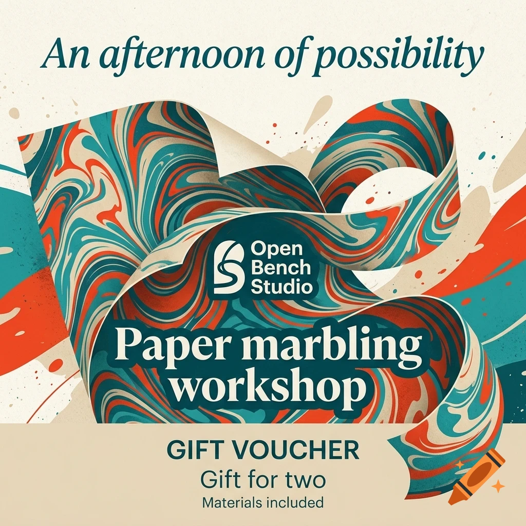 An illustration promoting a Paper marbling workshop with swirling teal, orange, and cream marbled patterns and typography.