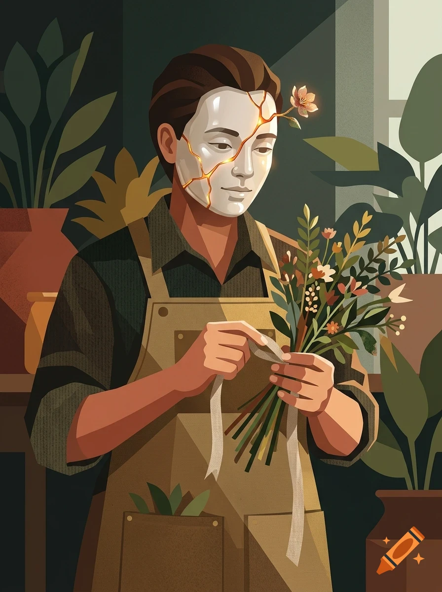 An illustrated person wearing a cracked white mask with glowing golden cracks, holding a bouquet of flowers in a room filled with potted plants.