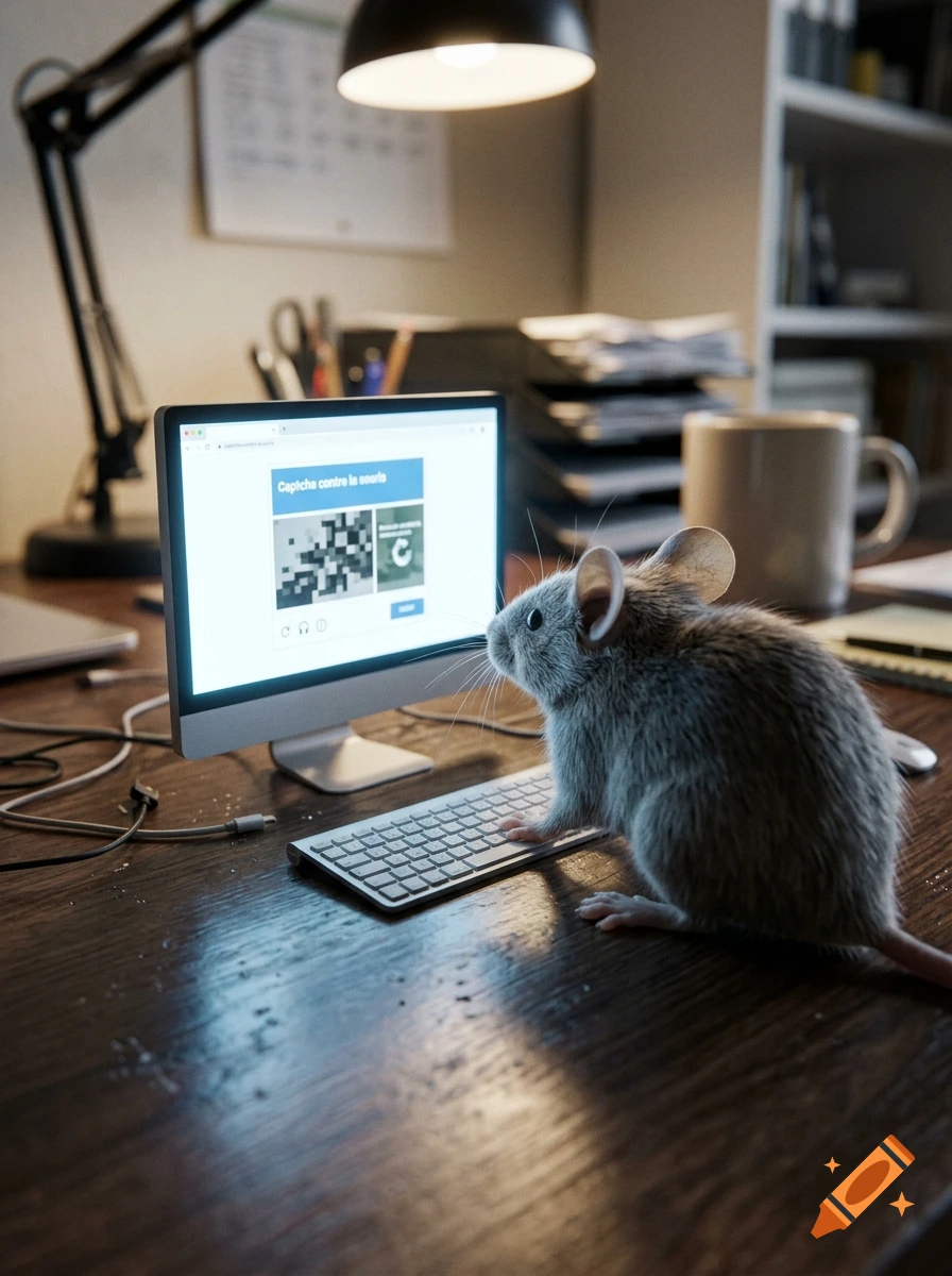 A photorealistic small grey mouse sitting at a desk and using a computer keyboard, looking at a monitor displaying a captcha.