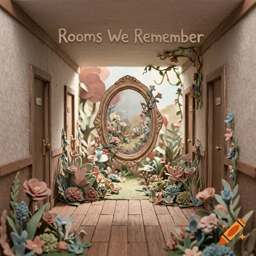 A miniature hallway with wooden doors and floors, overflowing with papercraft flowers and vines, featuring a suspended ornate mirror at the end.