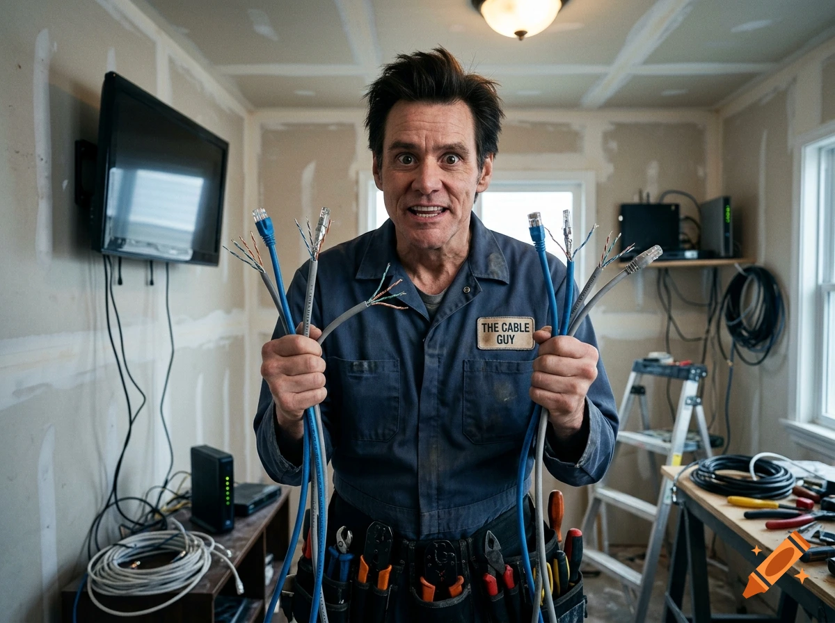 Jim Carrey as The Cable Guy holding Ethernet cables in a room under renovation, photorealistic.