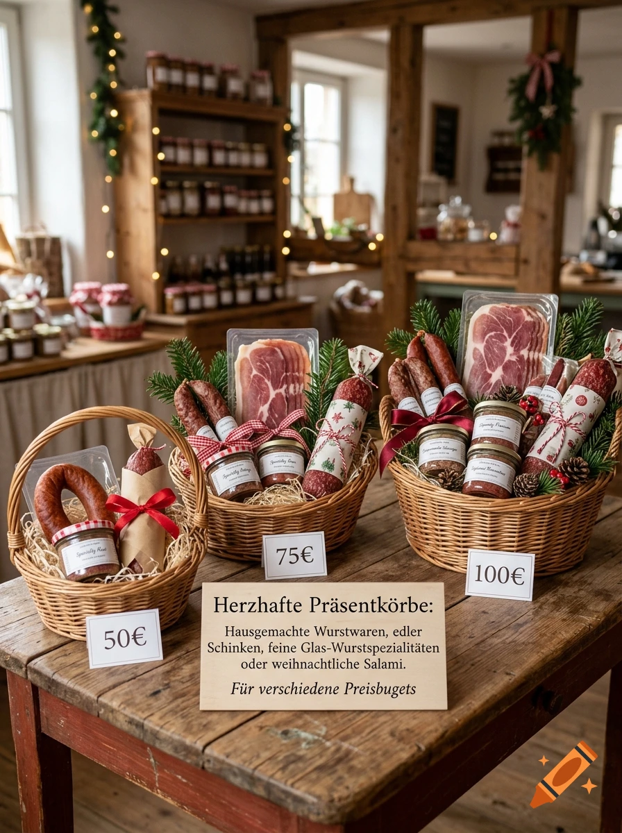 Photorealistic image of three gourmet gift baskets with sausages, ham, and jars of spreads on a wooden table.