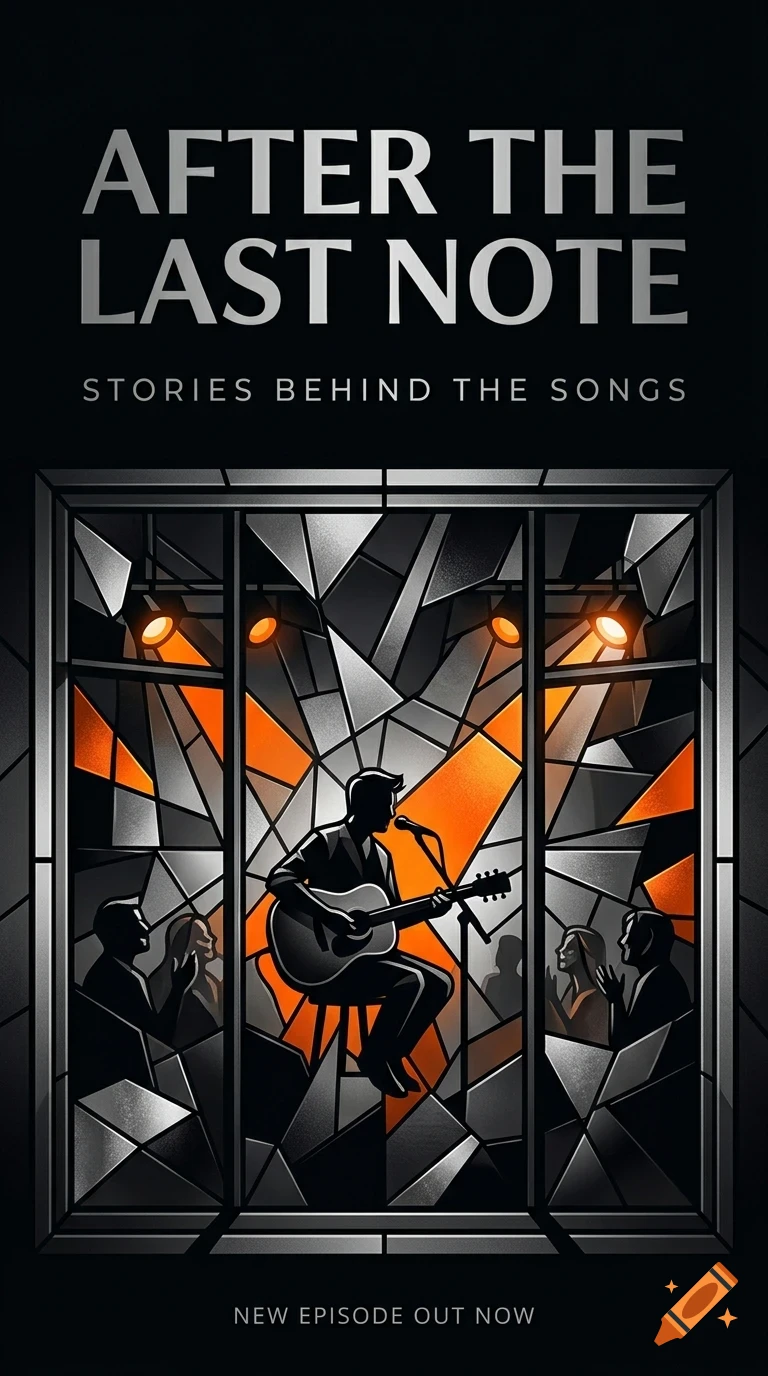 A poster with the text 'After The Last Note: Stories Behind The Songs' featuring a stained glass style illustration of a musician playing a guitar to an audience.