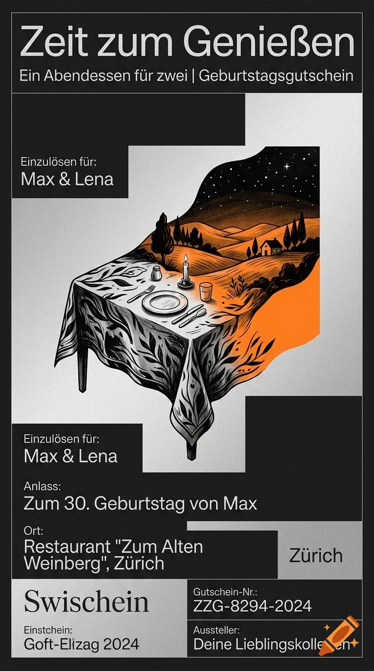 A voucher design featuring a set dining table with a landscape scene visible through an cutout above it, with German text throughout.