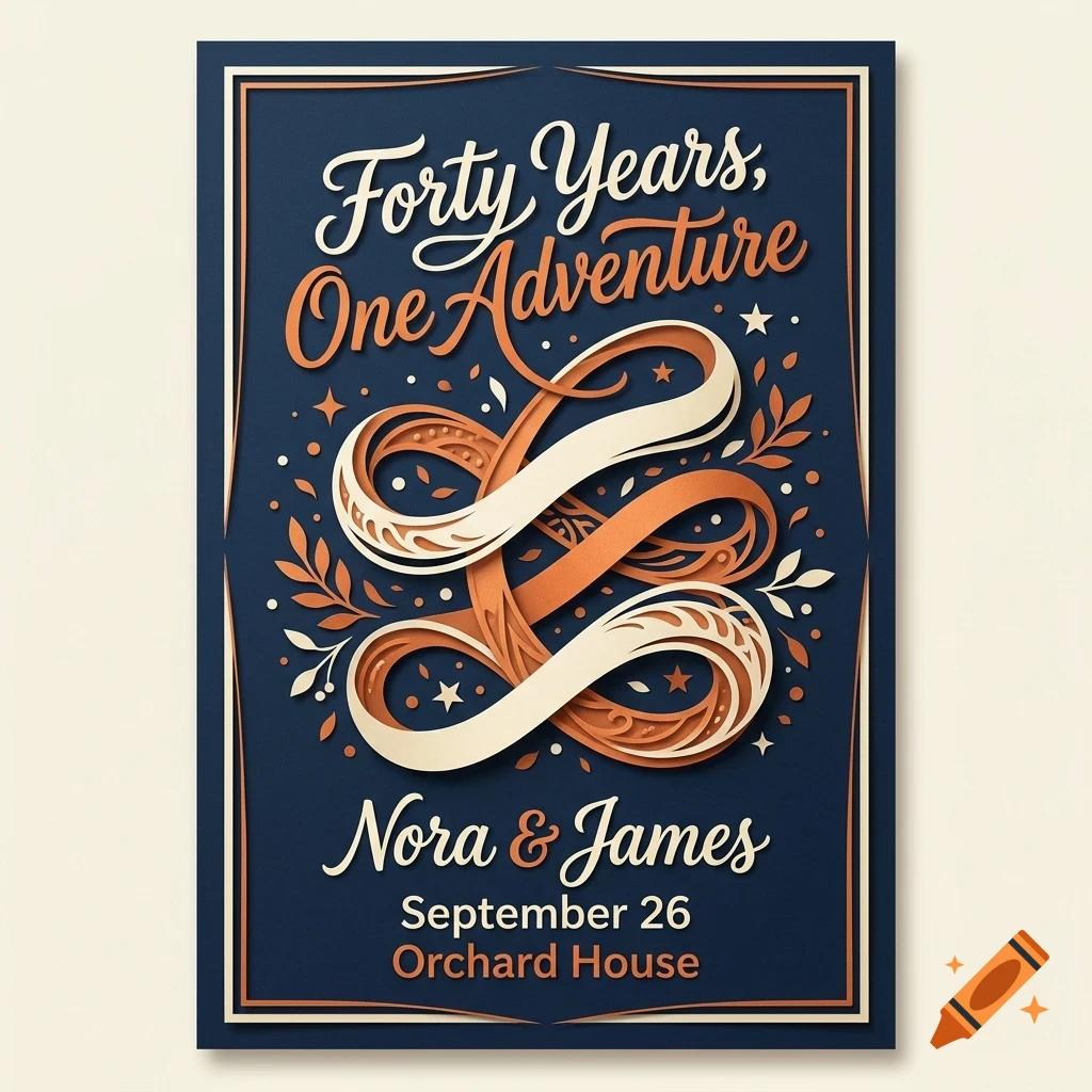 An anniversary invitation card with the text Forty Years, One Adventure, Nora and James, September 26, Orchard House, and abstract swirling ribbons on a blue background.