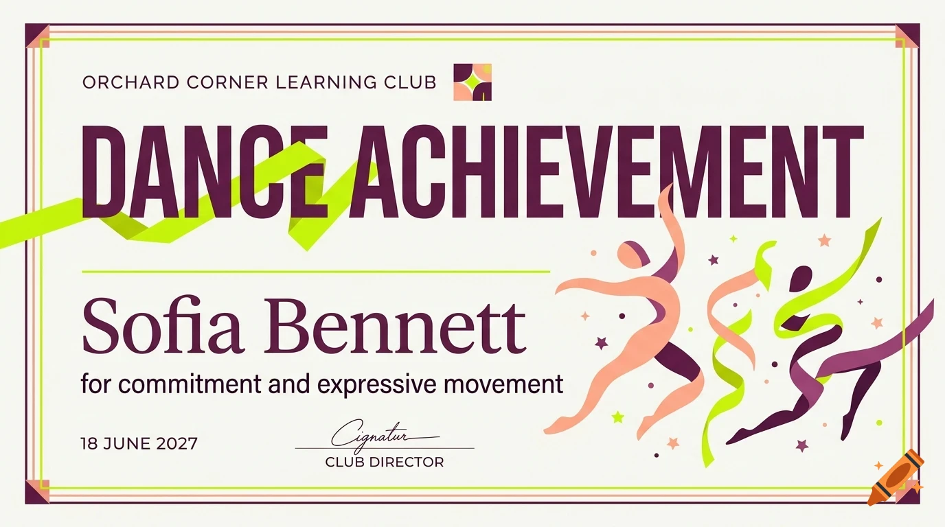 A certificate with text 'Dance Achievement' and abstract dancing figures.
