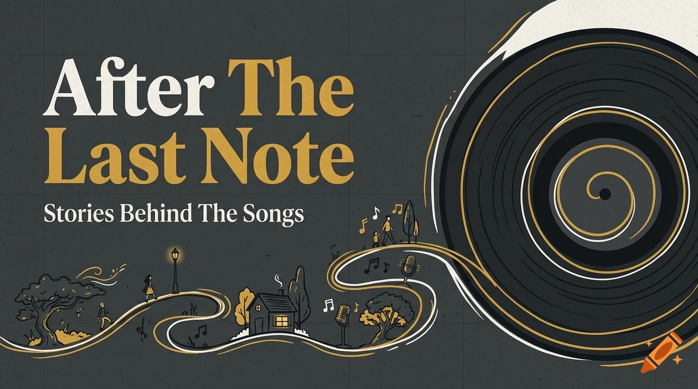 An illustration of a vinyl record with a winding groove that forms a path featuring a house, trees, people, and microphones, with text reading After The Last Note Stories Behind The Songs.