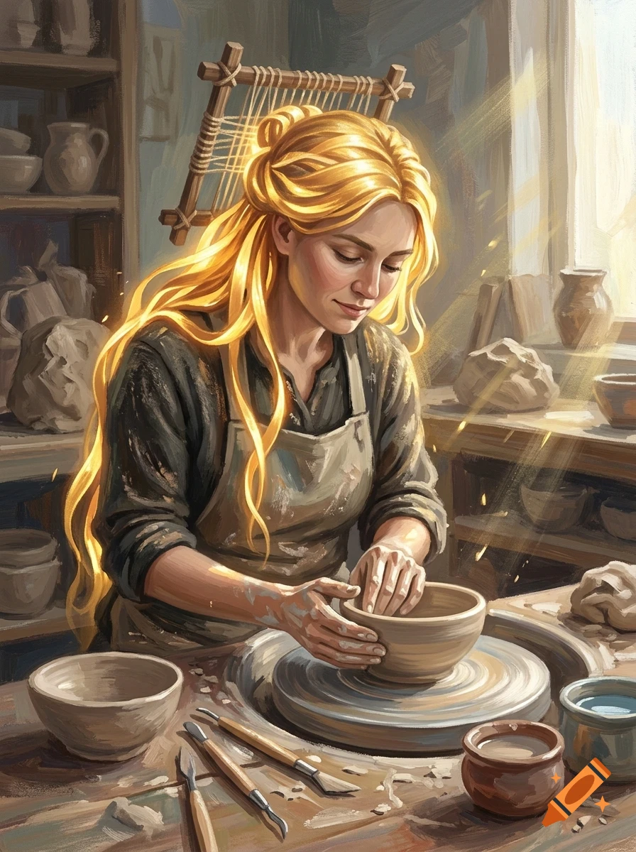 A woman with long blonde hair shaping a clay bowl on a potter's wheel in a workshop.
