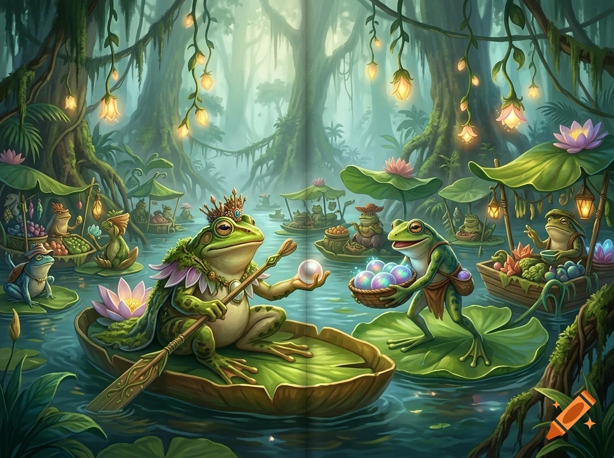 An illustrated fantasy scene of anthropomorphic frogs in a glowing swamp market, with a crowned frog holding a staff and a pearl in a boat.
