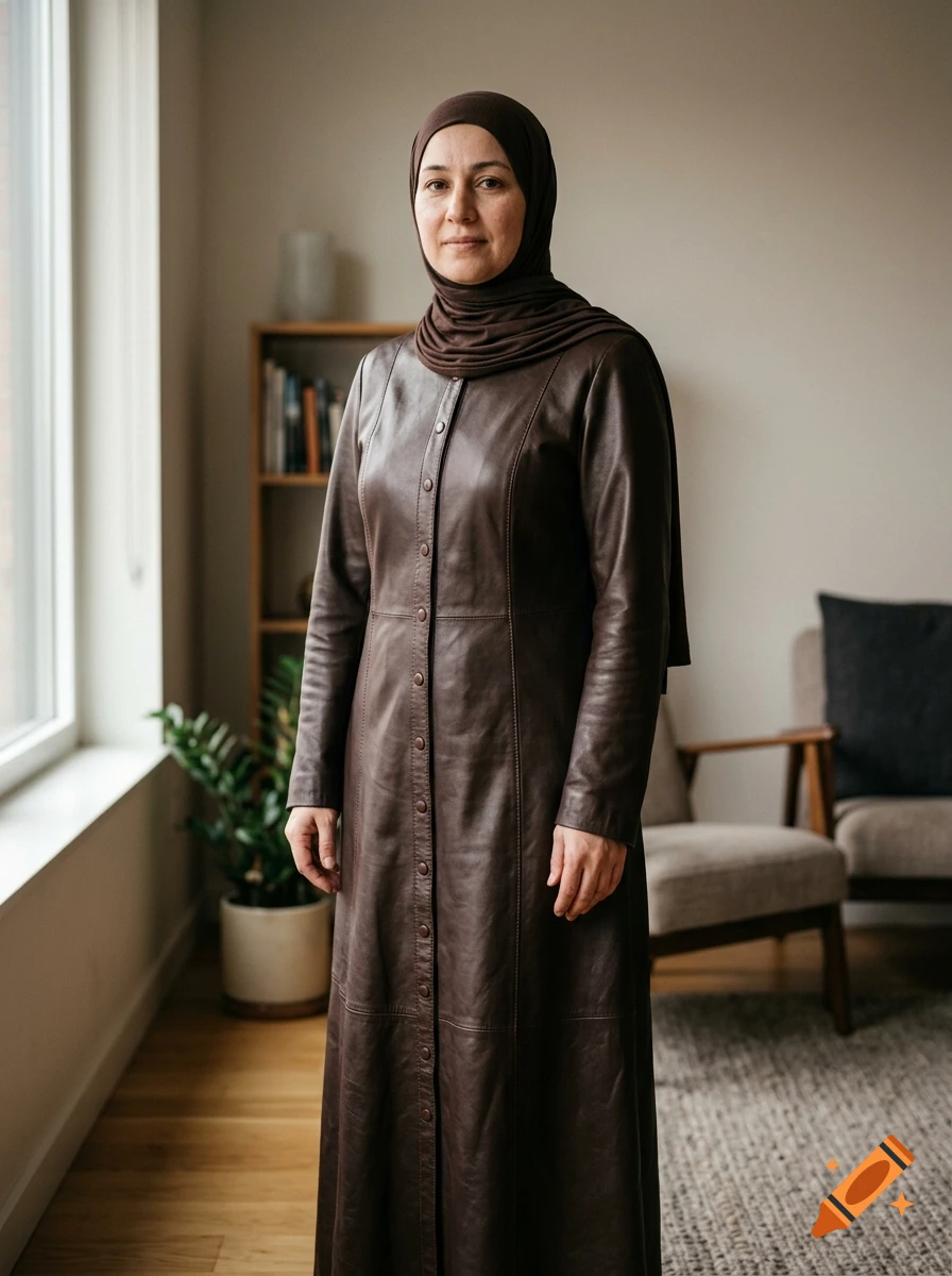 Photorealistic portrait of a Muslim woman wearing a brown leather coat and a brown hijab, standing in a bright indoor room.