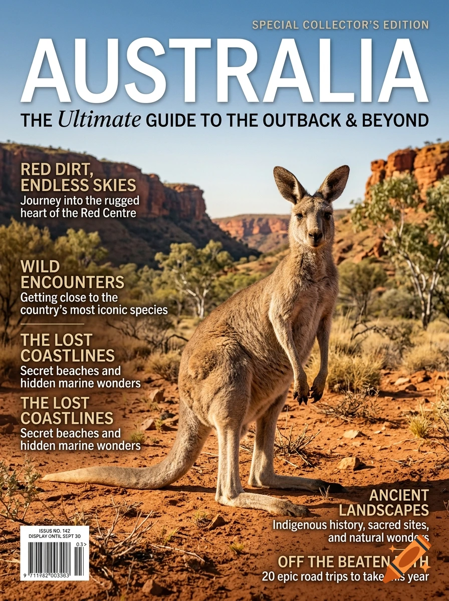Magazine cover featuring a kangaroo in the Australian outback with the title AUSTRALIA.