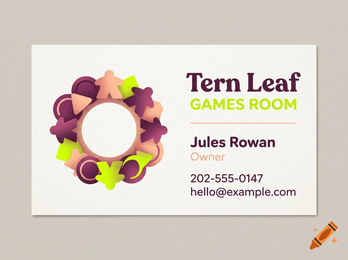 A business card with a logo of game pieces forming a circle and the text Tern Leaf Games Room, Jules Rowan, Owner, phone, and email.