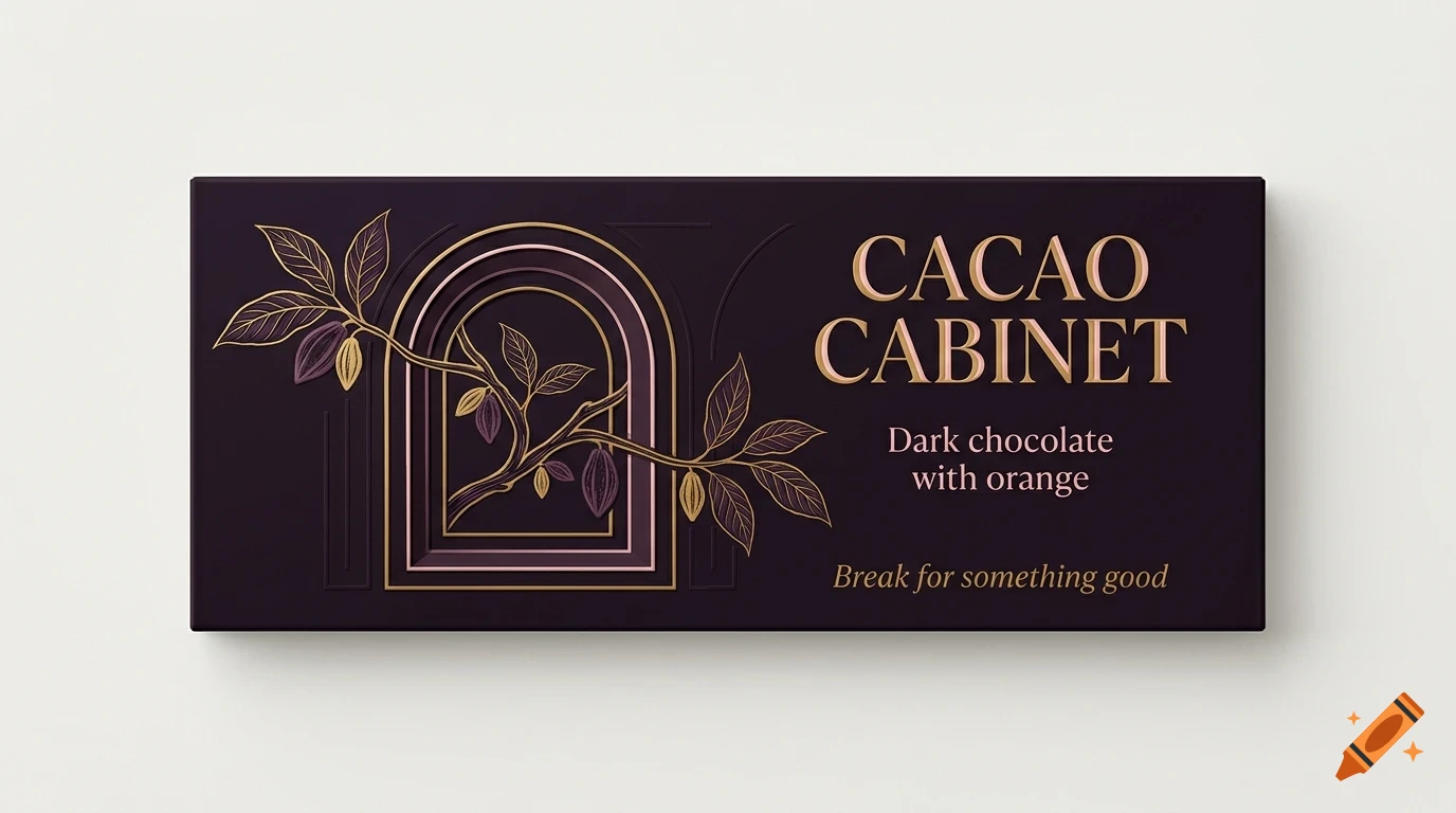 A dark purple rectangular chocolate packaging mockup features gold embossed lettering reading CACAO CABINET, an arch design, and a cacao branch illustration with leaves and pods.
