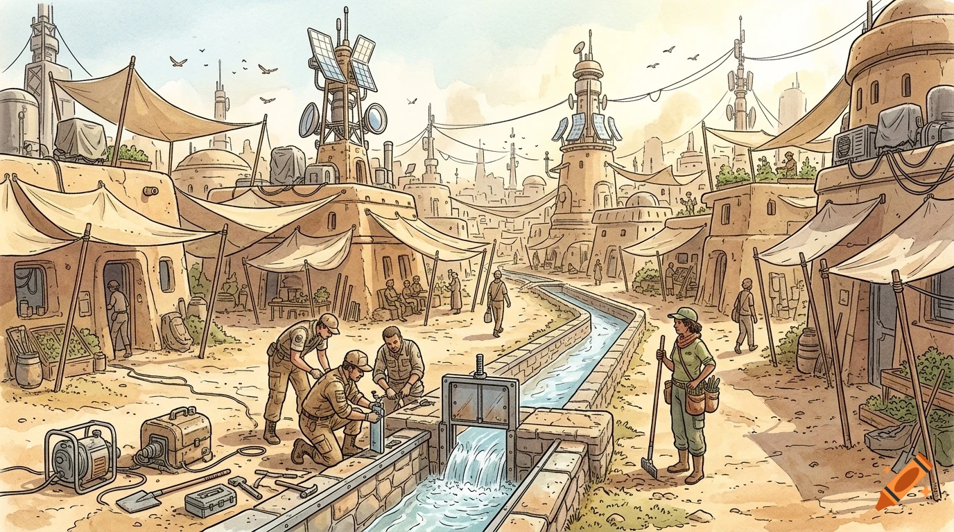 An illustrated watercolor scene of people working in a desert settlement, with workers repairing a water channel and sun-baked earthen buildings under a pale sky.