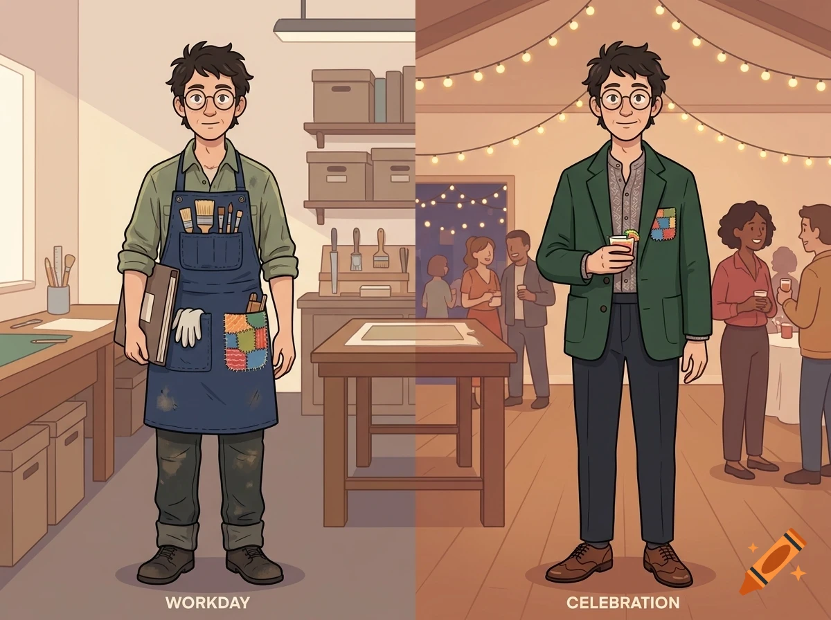 Comparison illustration showing a man in work attire in a studio on the left and dressed up for a celebration on the right.