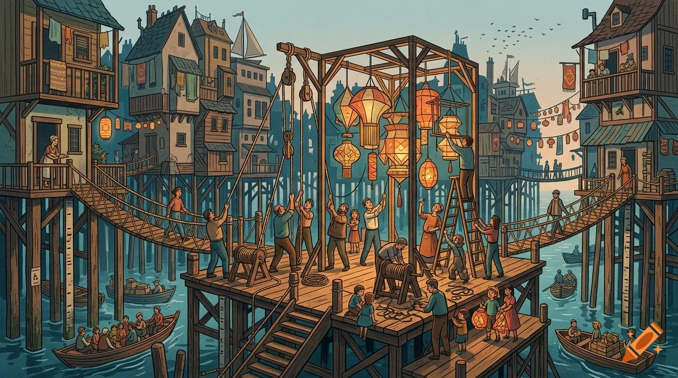 An illustrated coastal village on stilts with people hanging lanterns and working on wooden platforms.
