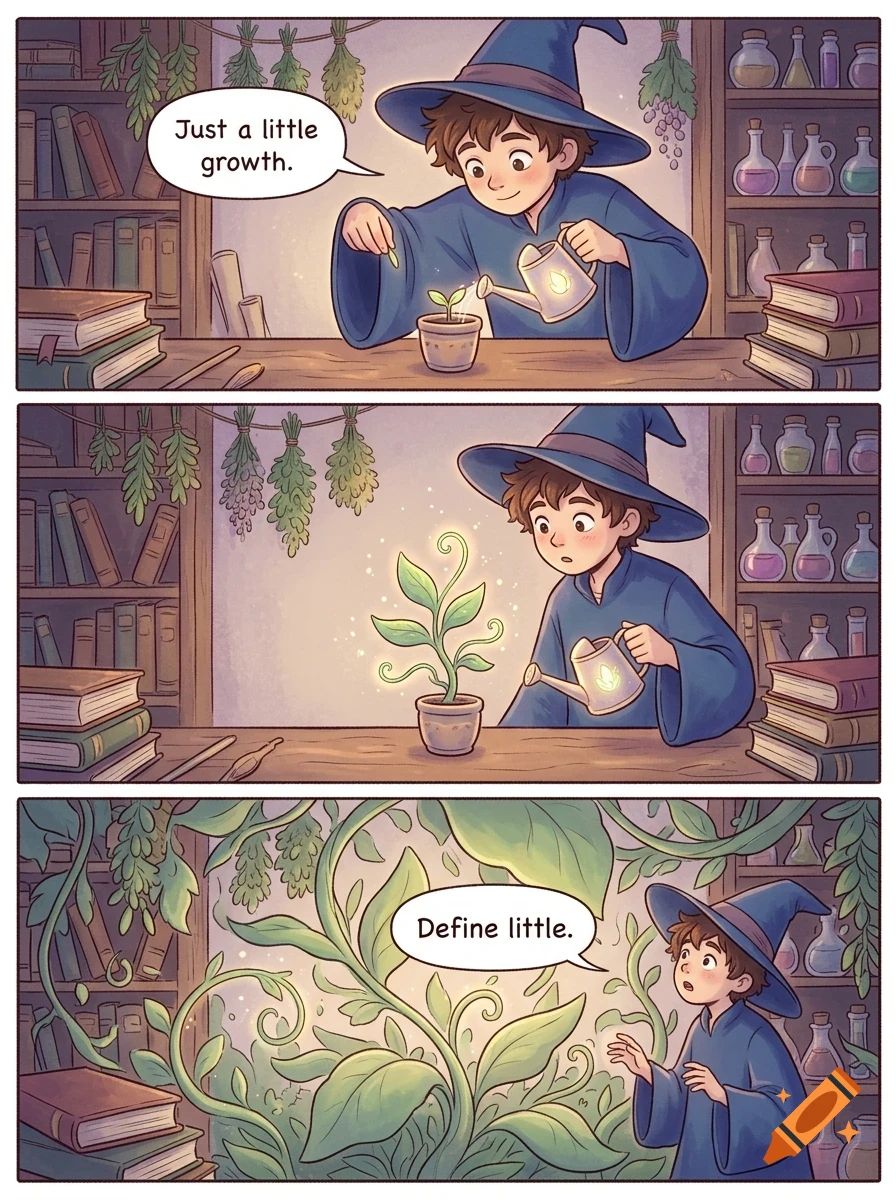 A three-panel comic showing a wizard watering a small potted plant that rapidly grows into a giant vine in a study.