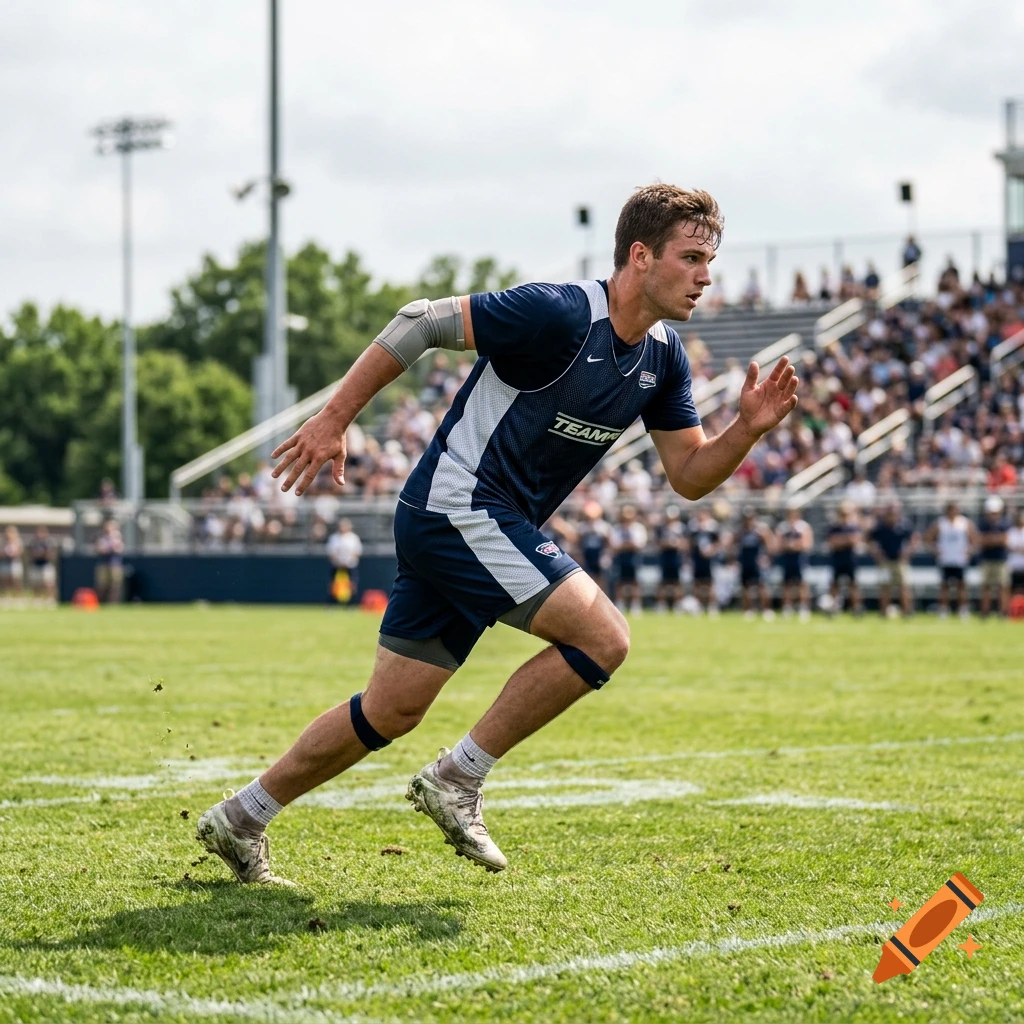 A photorealistic action shot of a young male athlete running across a grassy football field during a daytime game.