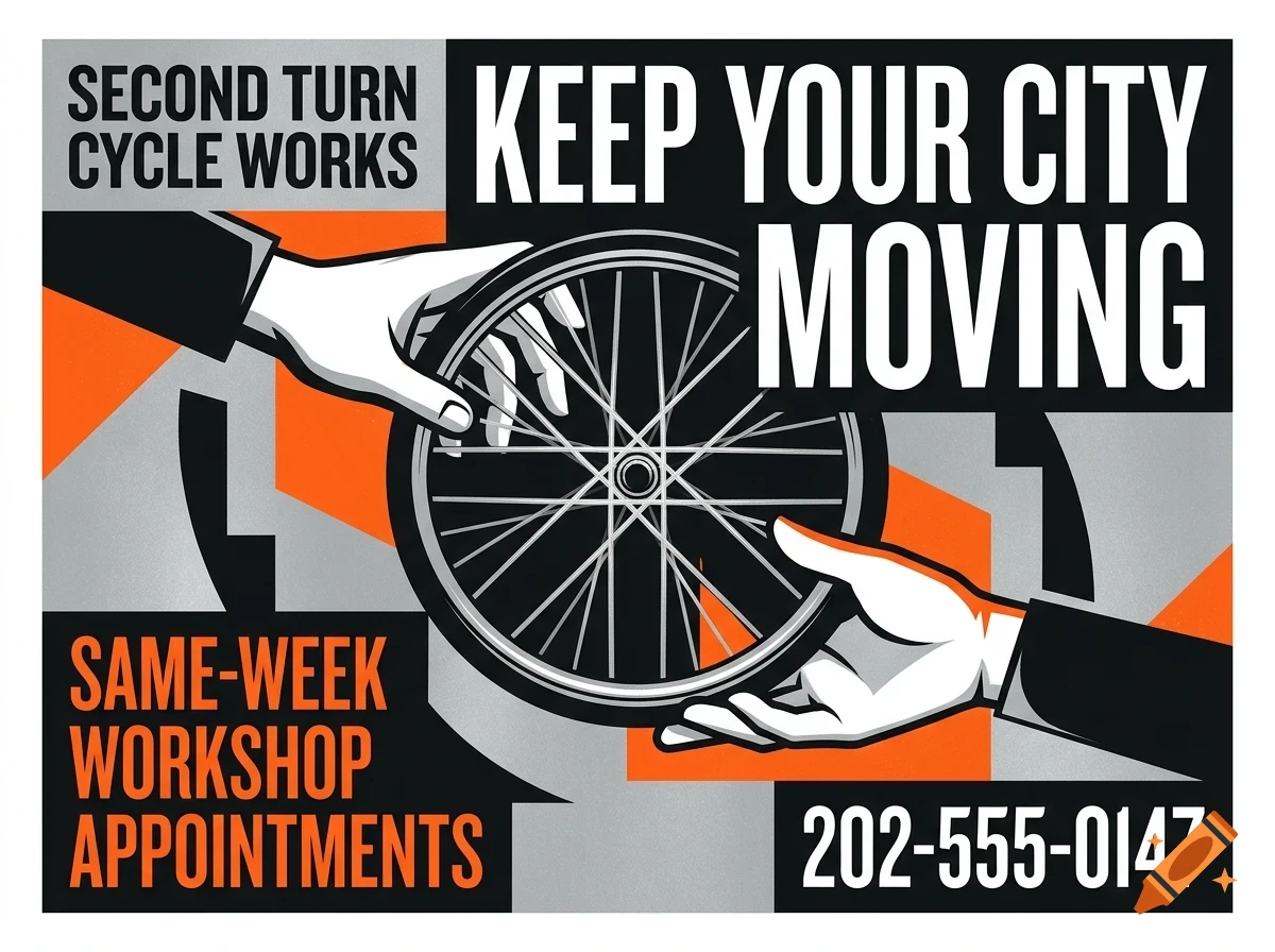 A poster with bold text reading KEEP YOUR CITY MOVING, featuring two hands holding a bicycle wheel against a gray, orange, and black background.