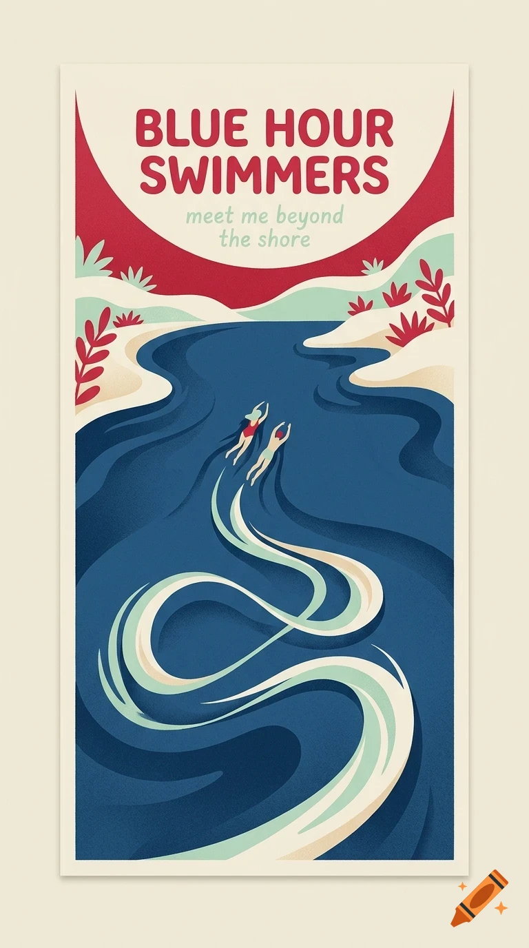 Illustrated poster titled BLUE HOUR SWIMMERS featuring two people swimming in a winding blue river with red and green stylized landscape elements.