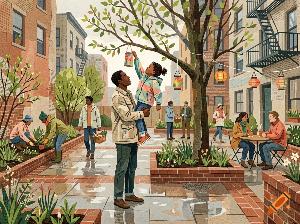 An illustration of a community courtyard in a city, with people gardening, walking, and socializing, centered around a man holding a child up to hang a lantern on a tree.