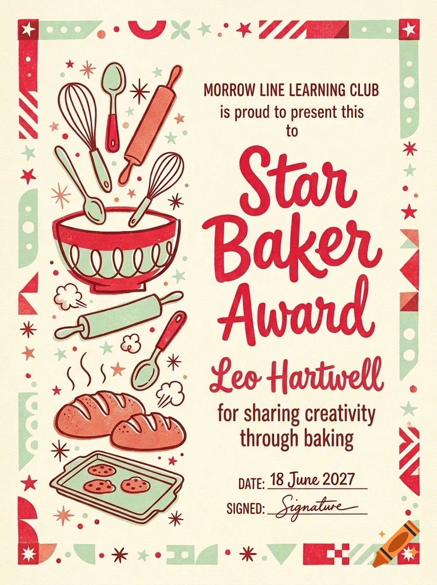 An illustrated Star Baker Award certificate featuring baking tools, a bowl, bread, and decorative text.