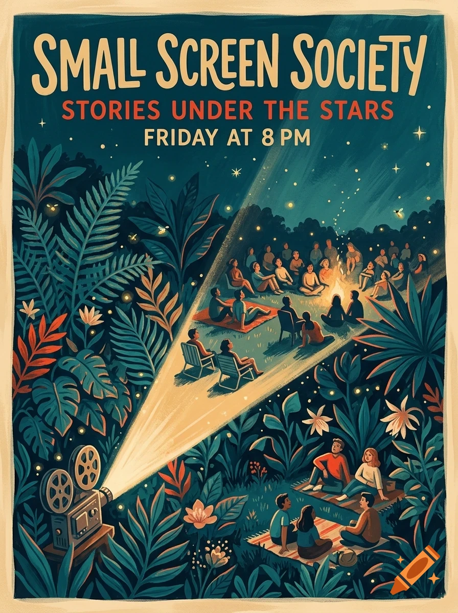 An illustration of an outdoor movie screening in a lush jungle at night, with a projector casting a beam of light over a group of people gathered around a campfire.