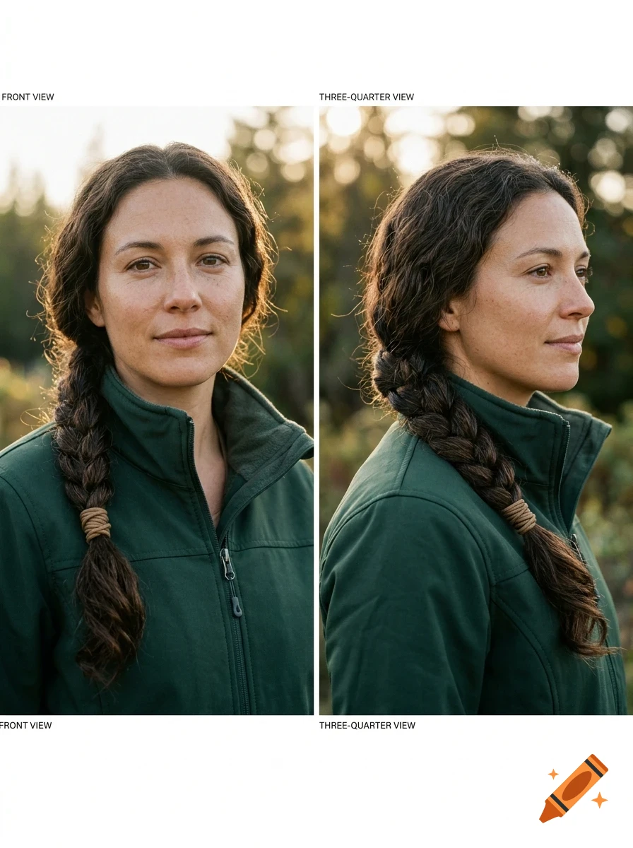 Two portraits of a woman with dark braided hair and a green jacket, shown from front and three-quarter views.