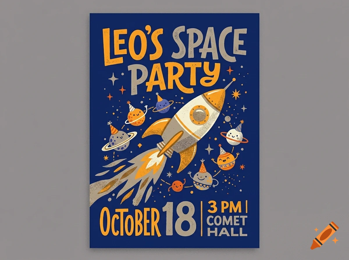 An invitation poster for Leo's Space Party featuring a rocket, planets with party hats, and text on a blue background.
