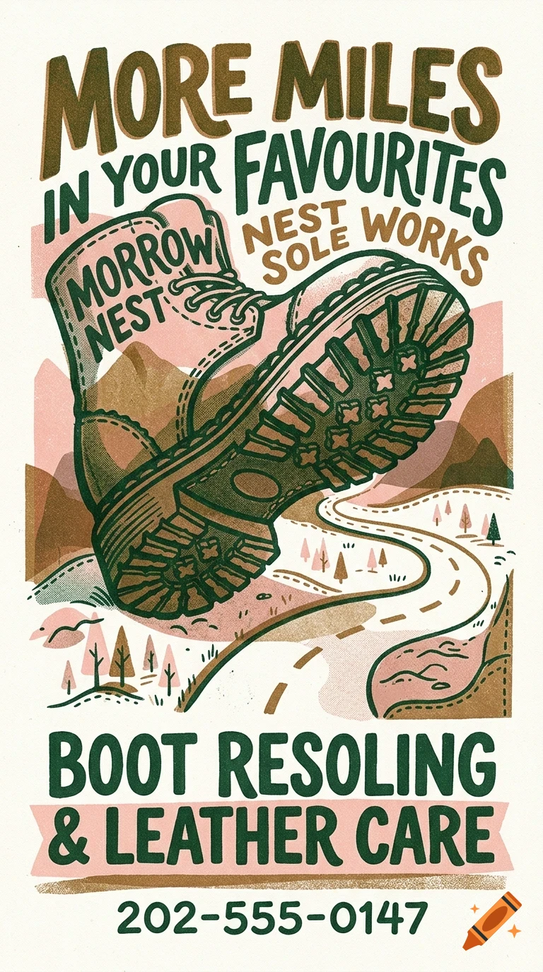 An illustrated poster advertising boot resoling and leather care featuring a boot stepping over a winding road, mountains, and trees, with lettering reading 'More miles in your favourites', 'Morrow Nest Sole Works', and a phone number.