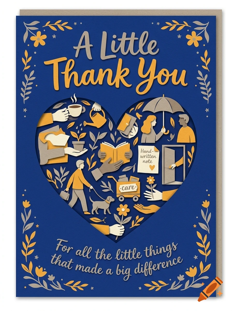 A greeting card with blue background, heart shape cutout containing illustrations of kind acts, and text reading A Little Thank You.