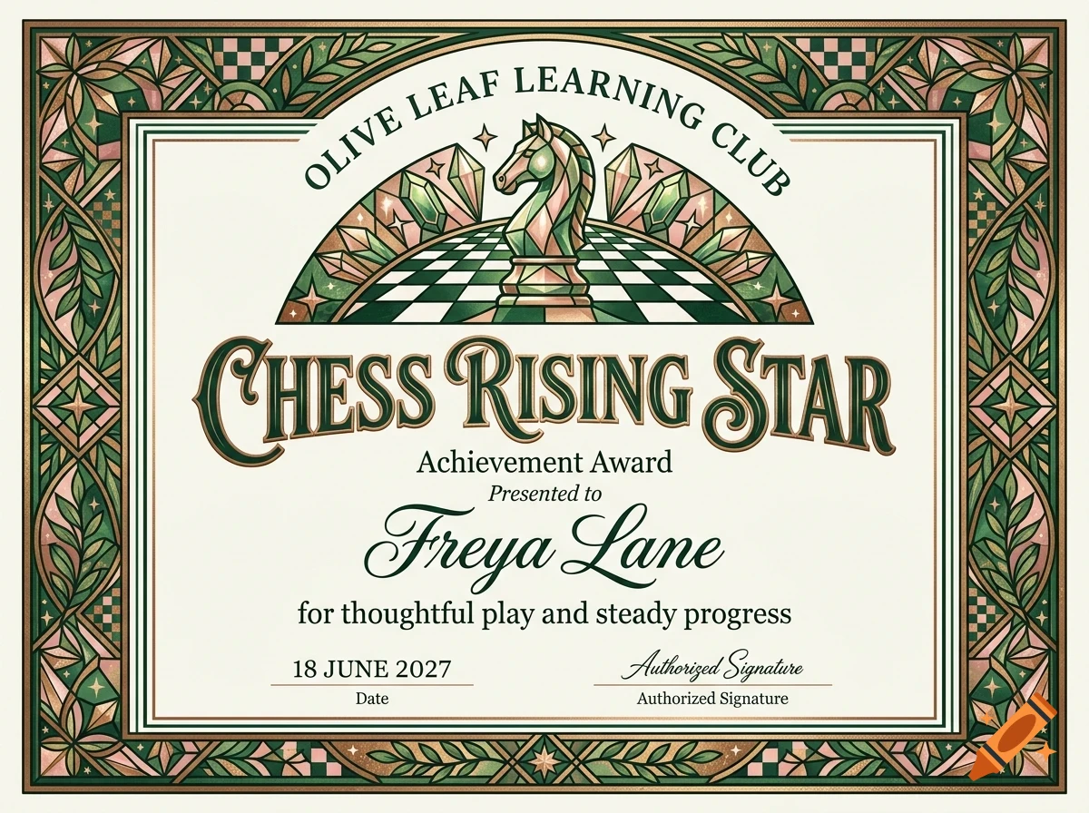 An illustrated achievement certificate titled Chess Rising Star with a chess knight piece, ornate green and pink borders, and geometric patterns.