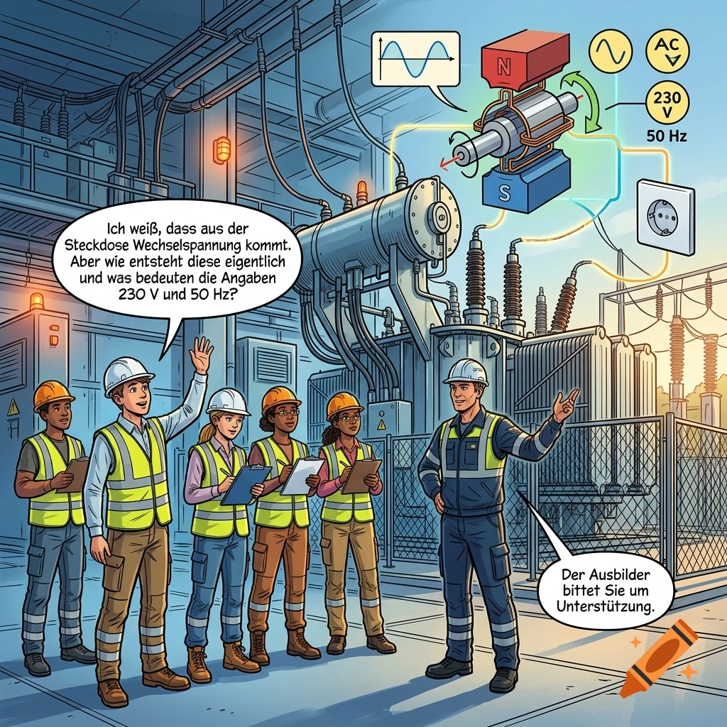 Comic style illustration of an instructor explaining alternating current to interns in a power plant substation.