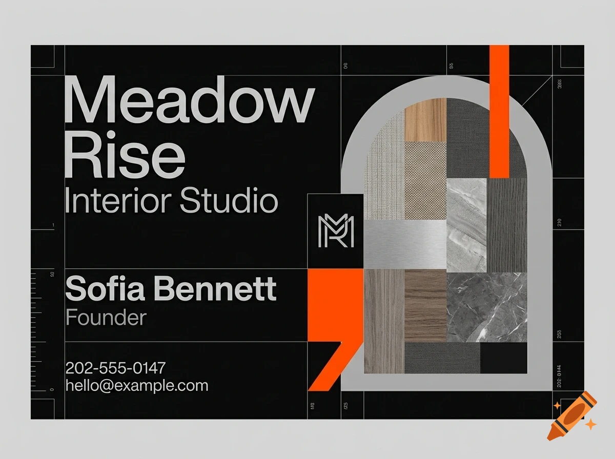 A modern business card design for Meadow Rise Interior Studio featuring a black background, grid lines, an arched pattern with various material textures, and orange accents.