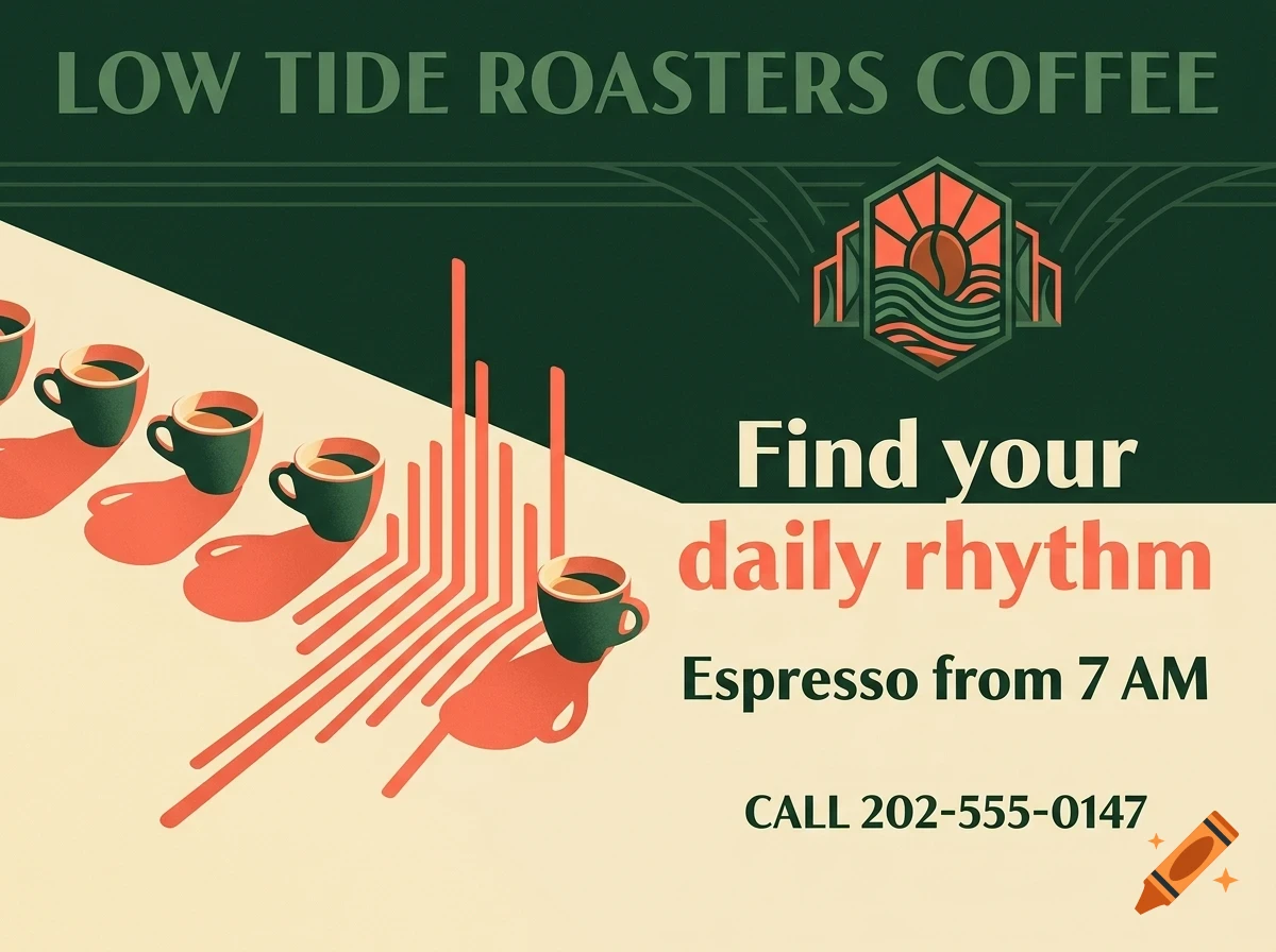 An advertisement for Low Tide Roasters Coffee showing a line of coffee cups, text, and an emblem.