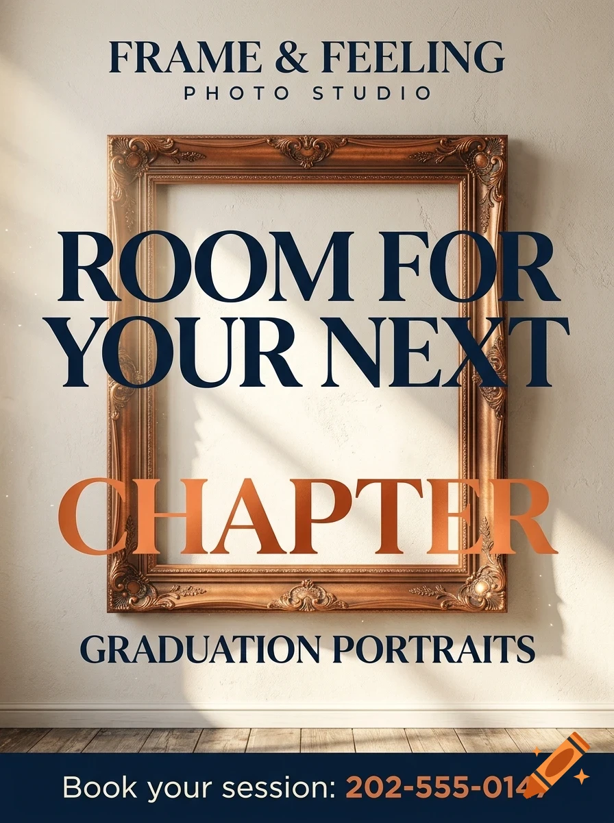 An ornate wooden picture frame hangs on a textured wall above a wooden floor, overlaid with promotional text for graduation portraits.
