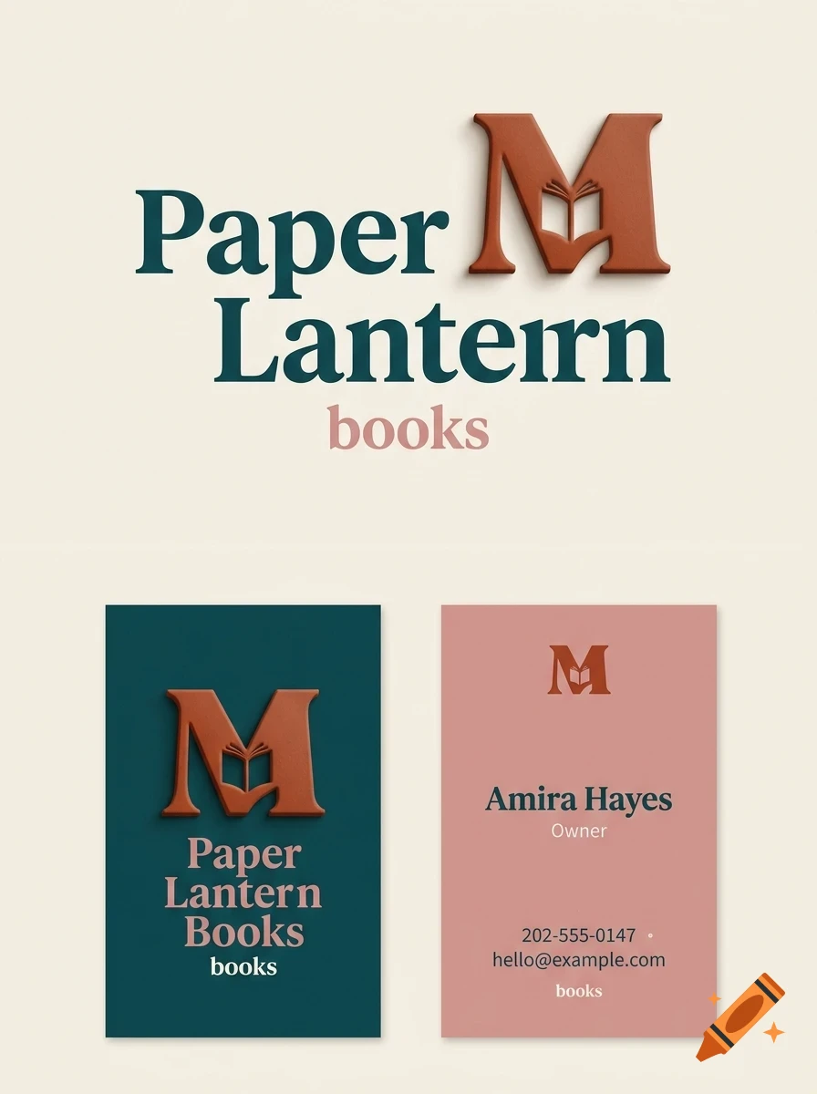 A branding design mock-up featuring the text Paper Lantern books, a large letter M with an open book icon, and two business cards displaying the logo, owner name, and contact details.