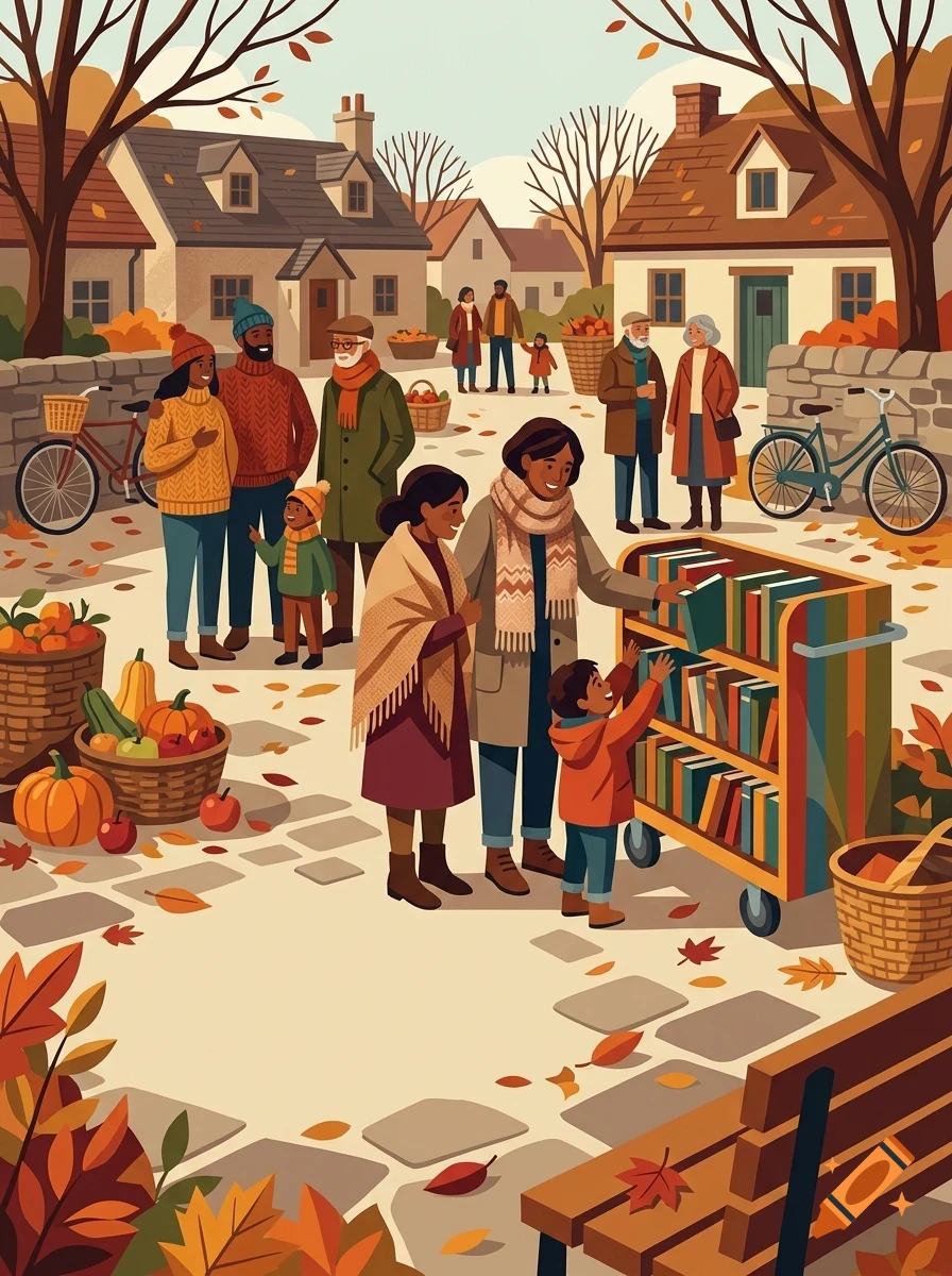 An illustrated autumn scene in a village square with people browsing a mobile book cart, pumpkins in baskets, and bicycles.