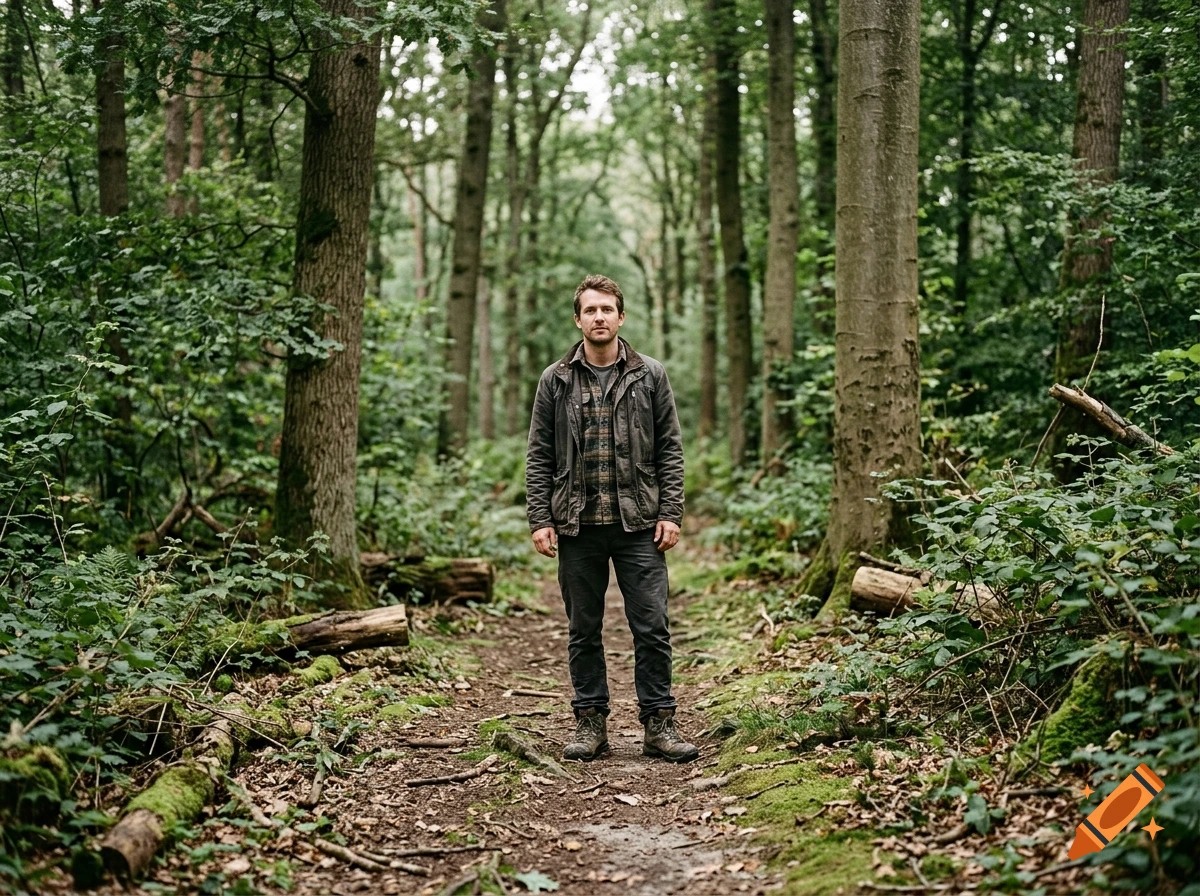 A man in a jacket and jeans standing on a dirt path in the middle of a dense green forest, photorealistic.