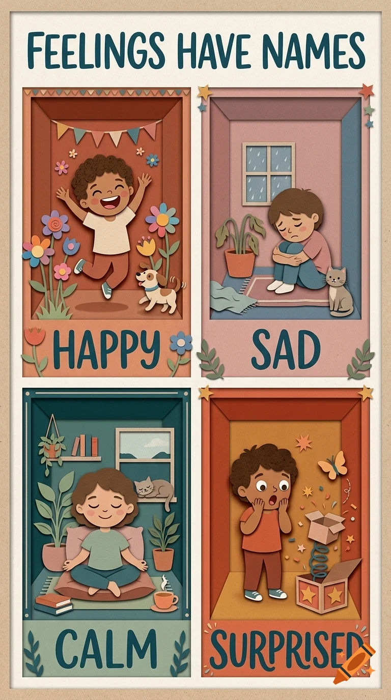 An educational poster titled Feelings Have Names, featuring four illustrated panels depicting happy, sad, calm, and surprised emotions.