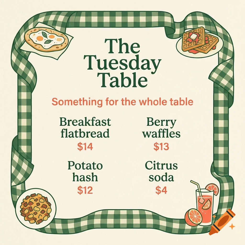 An illustrated menu for The Tuesday Table featuring breakfast items like flatbread, waffles, hash, and citrus soda, framed by a green checkered border.