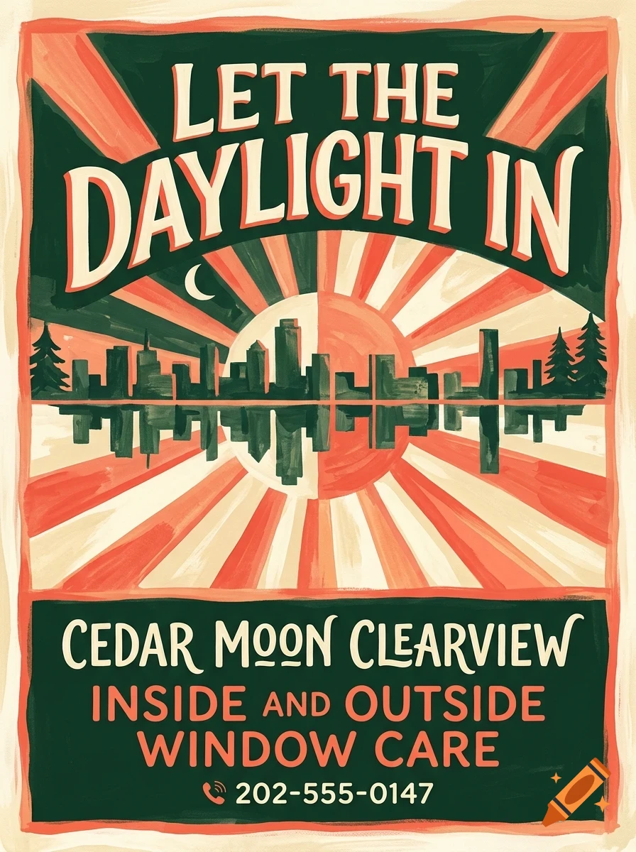 An illustrated poster with the text LET THE DAYLIGHT IN above a city skyline, sun, and reflection, and CEDAR MOON CLEARVIEW at the bottom.