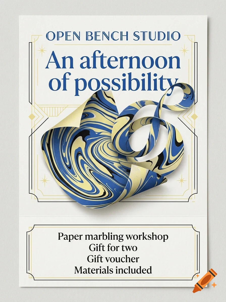 A poster for a paper marbling workshop featuring blue and cream marbled paper curls and text that reads Open Bench Studio and An afternoon of possibility.